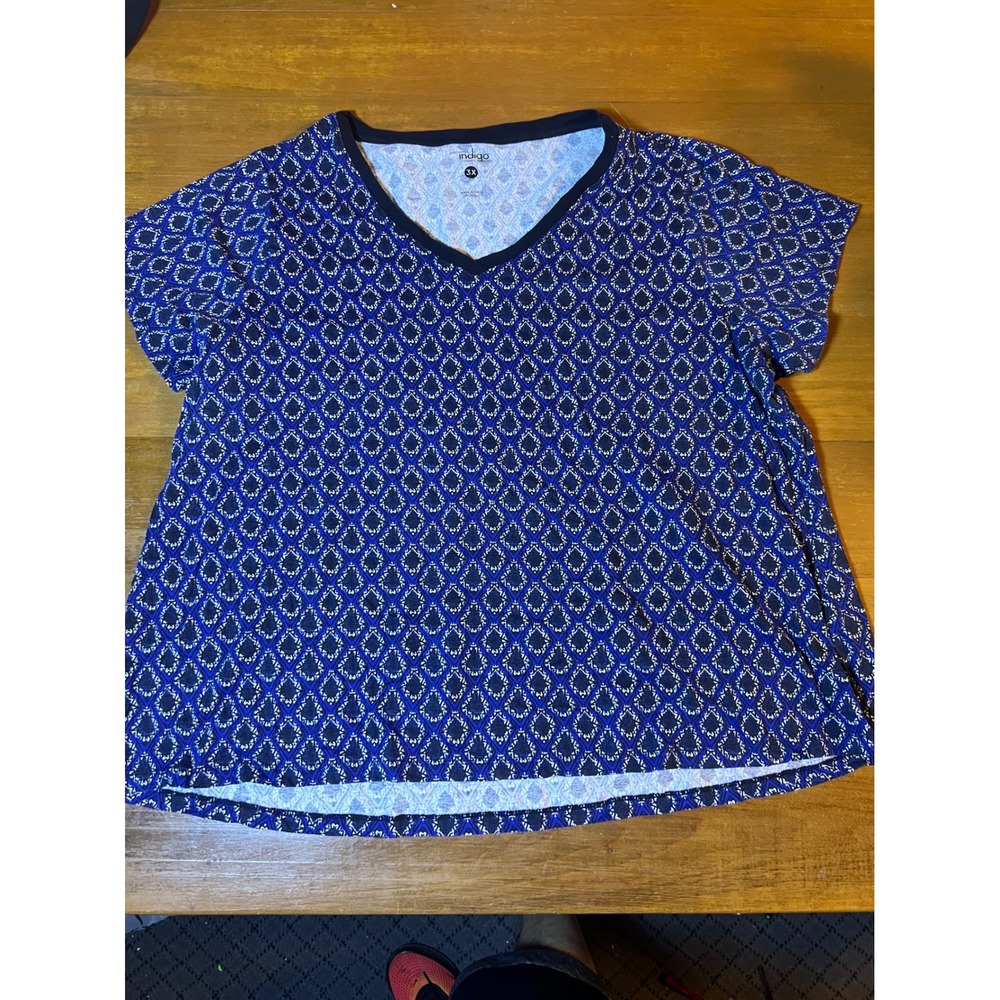 Great Northwest Indigo Womens 3X Blue Geometric Diamond V-Neck Short Sleeve Top